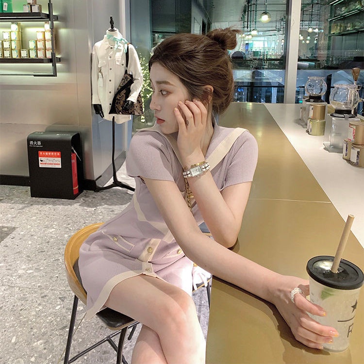 Đầm ôm dệt kim cổ bẻ thời trang hè 2022 cho nữ