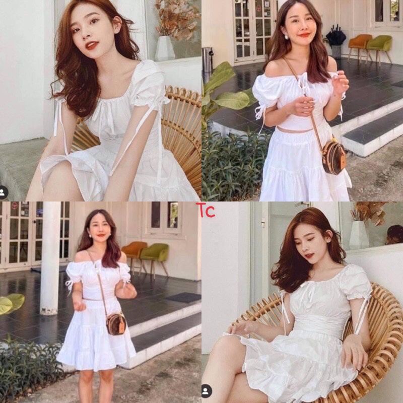 Sét Bộ Nữ Tiểu Thư Chân Váy Áo Croptop Viền Bèo Trễ Vai + Chân Váy Xòe Hai Lớp Siêu Xinh - Ngọc Uyên Store