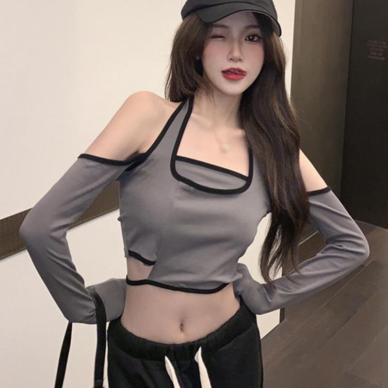 Áo croptop tay dài hở vai màu sắc thời trang Hàn Quốc dành cho nữ