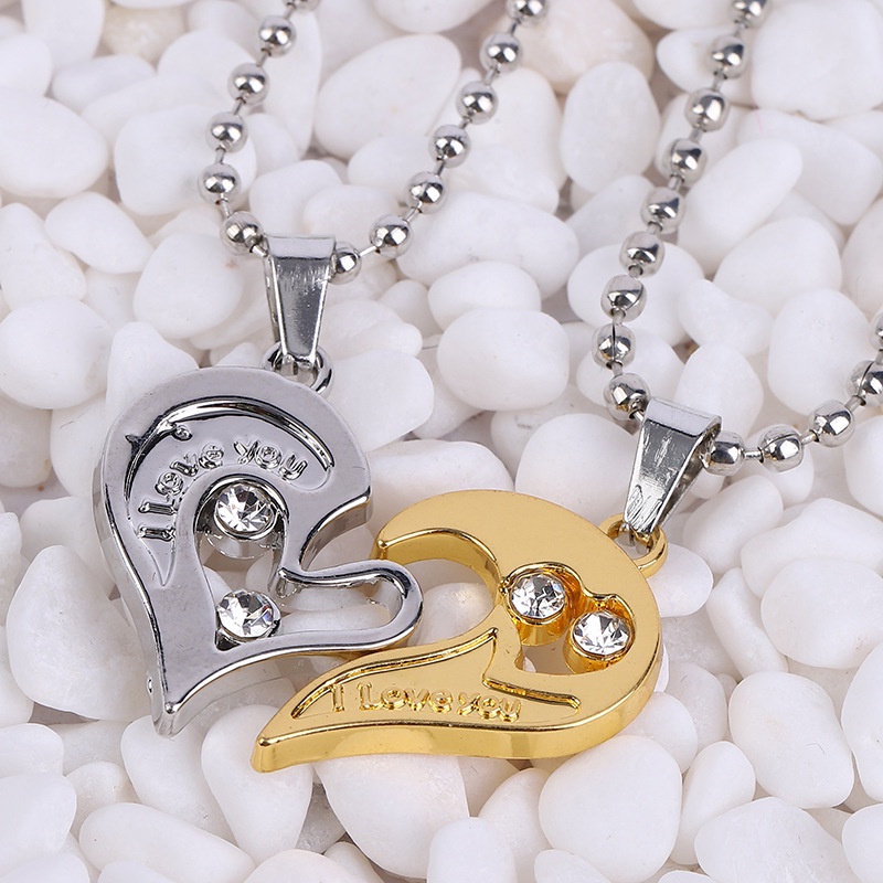 Set 2 vòng cổ xương đòn RINHOO FRIENDSHIP hạt kim cương rỗng khắc chữ I Love you cho cặp đôi