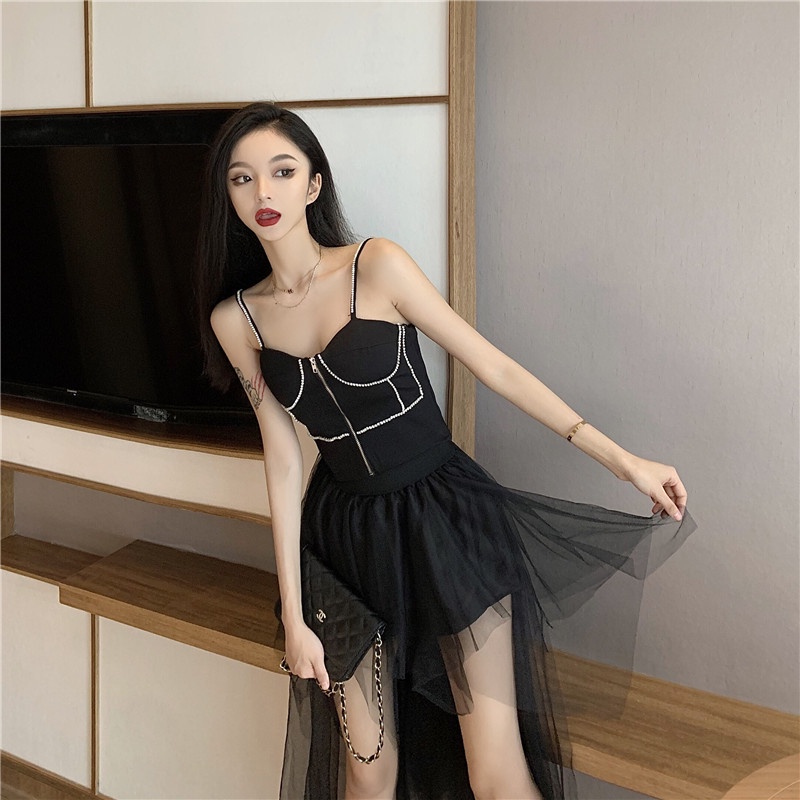Set áo 2 dây croptop ôm body sexy hở vai lưng viền đính đá dây kéo + váy lưới đen lưng cao ngắn ulzzang