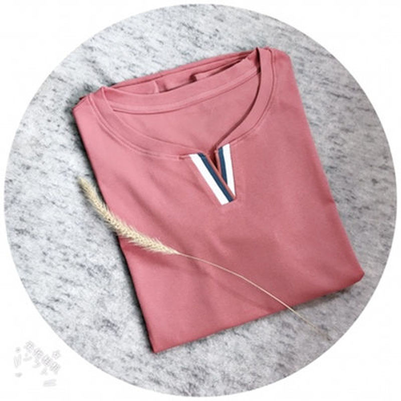 Áo Thun cotton Tay Ngắn Cổ Chữ V Dáng Rộng Màu Sắc Đơn Giản Phong Cách Hàn Quốc Dành Cho Nữ