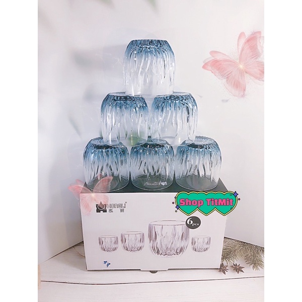 Bộ 6 cốc thuỷ tinh pha lê ánh lửa xanh siêu sang vừa xinh dùng uống nước sang trọng