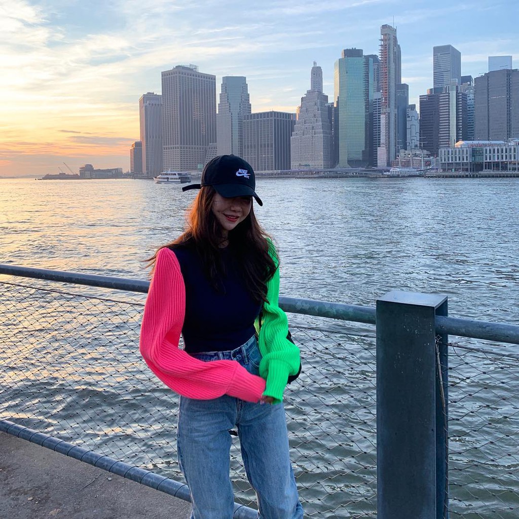 Áo Sweater Dệt Kim Tay Phồng Màu Sắc Cầu Vồng Phong Cách Hàn Quốc