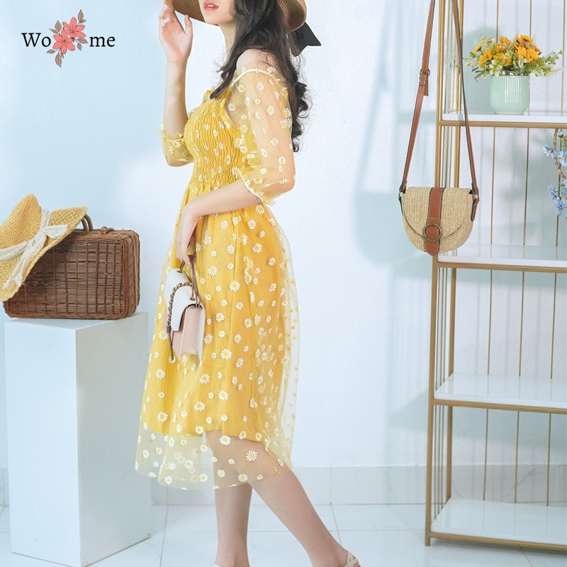 Váy hoa cúc nhí nhún ngực phối ren dáng xòe đi dự tiệc, đi chơi hàng cao cấp VHC | BigBuy360 - bigbuy360.vn