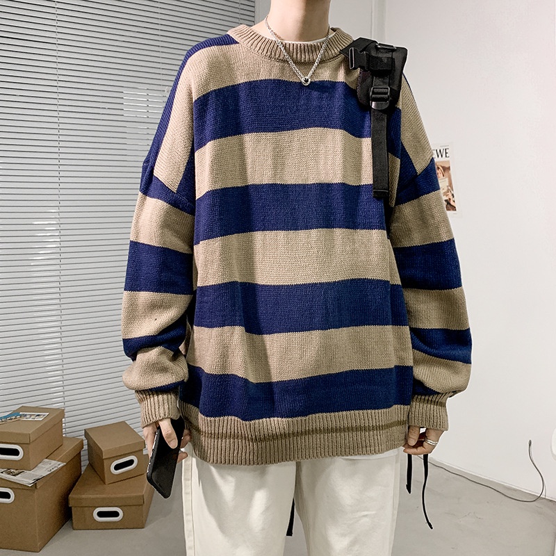 Áo sweater dệt kim dáng rộng kẻ sọc phong cách Hồng Kông thời trang thu đông cho cặp đôi