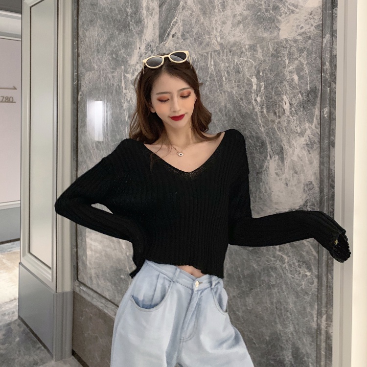 Áo thun dệt kim dài tay cổ chữ V phong cách Hàn Quốc cho nữ