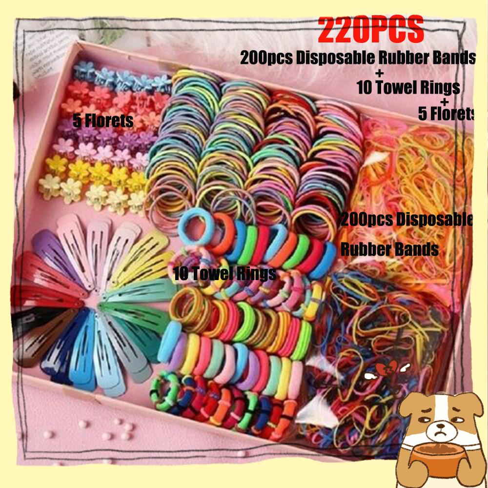 Set 220 Dây Buộc Tóc Kèm Túi OPP Màu Sắc Kẹo Ngọt Tiện Dụng Cho Bé Gái