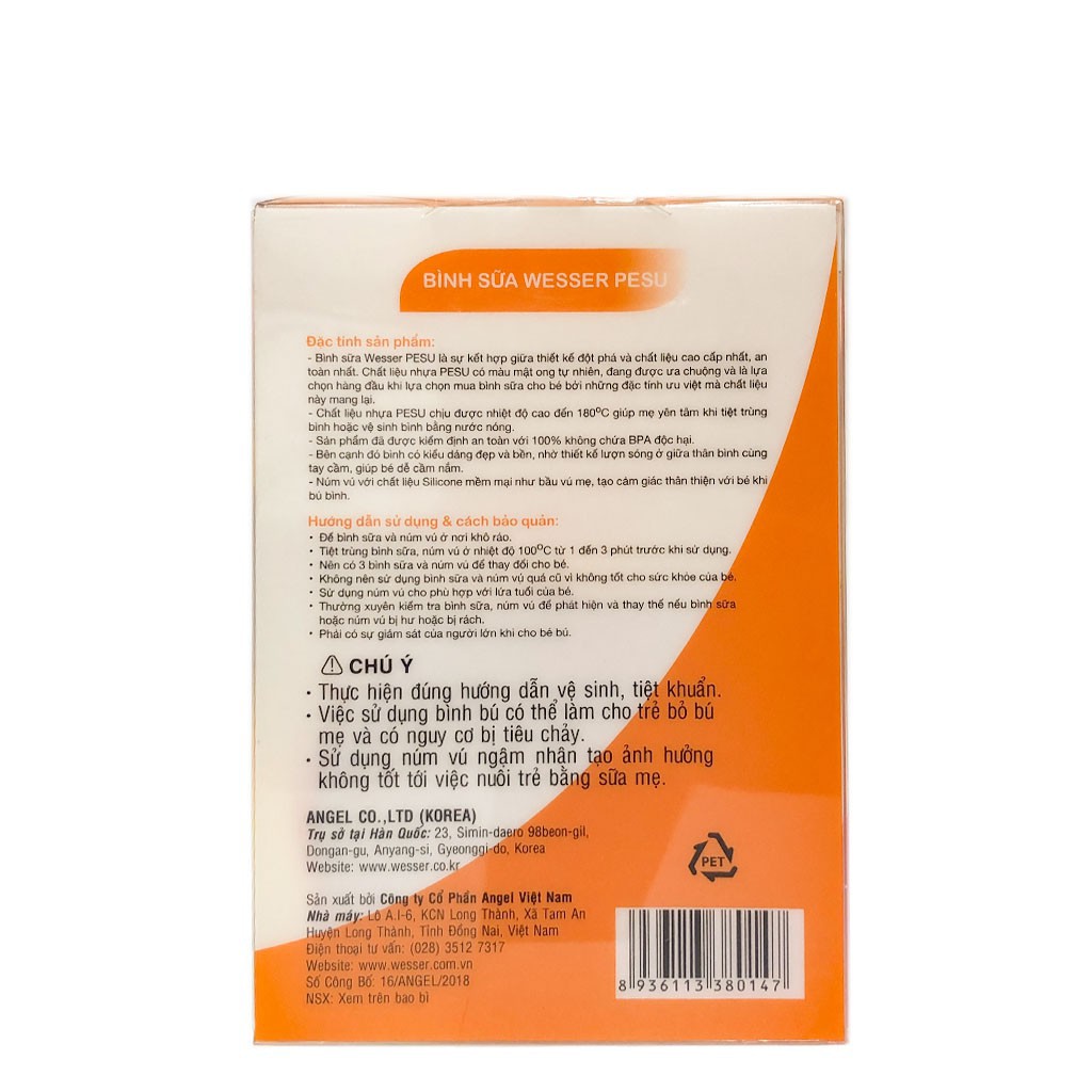 Bình sữa wesser cao cấp cổ rộng pesu 180 ml