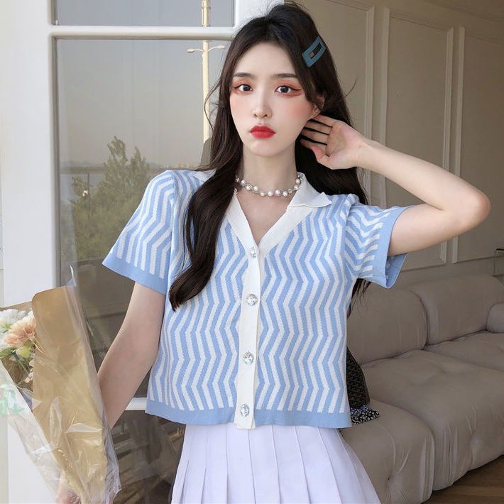 Áo cardigan Dệt Kim Mỏng Cổ POLO Ngắn Tay Họa Tiết Kẻ Sọc Cho Nữ JL-TX-514