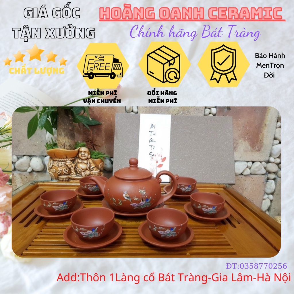 Ấm chén Tử sa Bát Tràng-đất nung đỏ,chất lượng,giá gốc nhà lò.bộ vẽ Chim đậu cành Mai