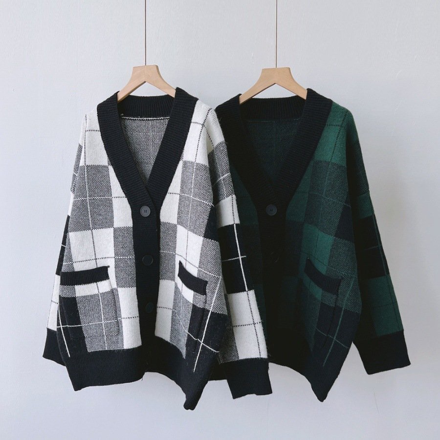 Áo len nữ cadigan kẻ caro dày dặn thời trang trẻ