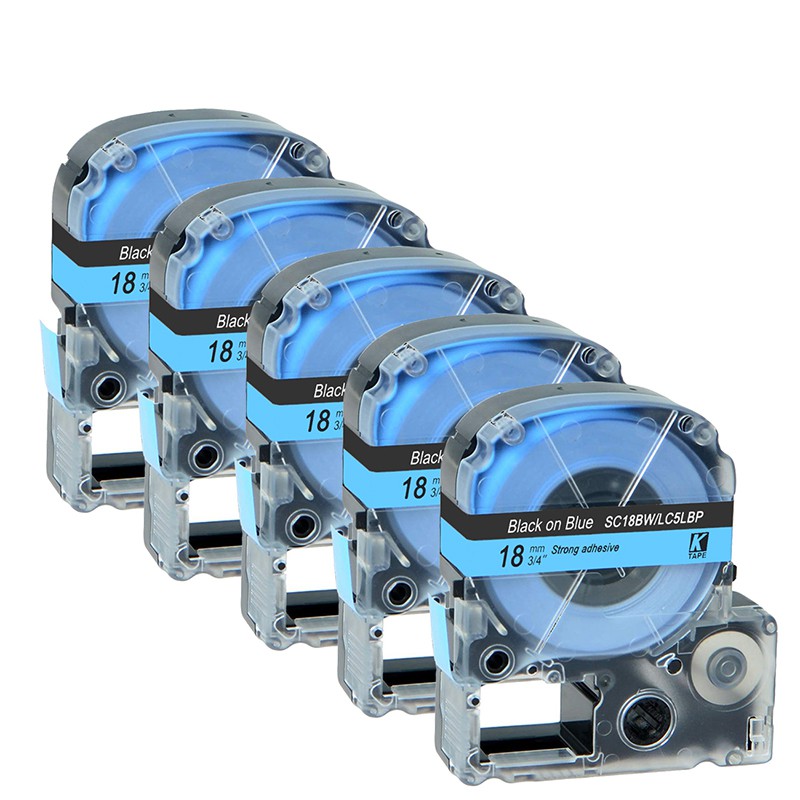 5 chiếc SC18BW LC-5LBP LC-5LBP9 18mm x 8m Đen trên băng nhãn màu xanh Tương thích với máy làm nhãn E
