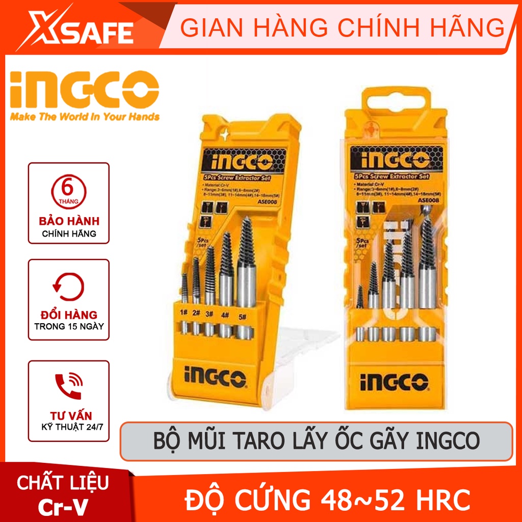 Bộ mũi taro lấy ốc gãy 5 chi tiết INGCO ASE008 Bộ 5 mũi ven răng size 3~6mm,6~8mm,8~11mm, 11~14mm,14~18mm - [XSAFE]