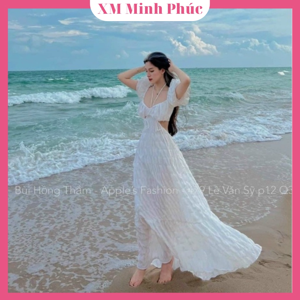 Maxi đi biển dự tiệc,đầm váy maxi dáng dài xòe hở lưng tay phồng cổ vuông sang chảnh thời Trang XM Minh Phúc - Hàng mới