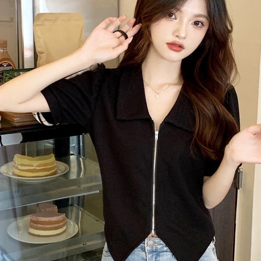 【ZHELIHANGFEI】 Áo Cardigan Dệt Kim Ngắn Tay Cổ POLO Phối Khóa Kéo Cá Tính