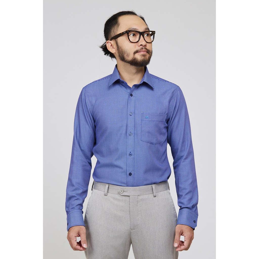 Áo sơ mi nam mattana dài tay xanh đậm hoa văn slimfit MAM25190371701853