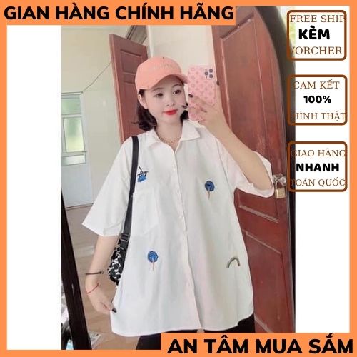 Áo sơ mi cộc tay thêu hình ngộ nghĩnh nữ áo sơ mi nữ UNISEX ,chất thô mềm chuẩn form  phong cách hàn quốc THỜITRANG1989