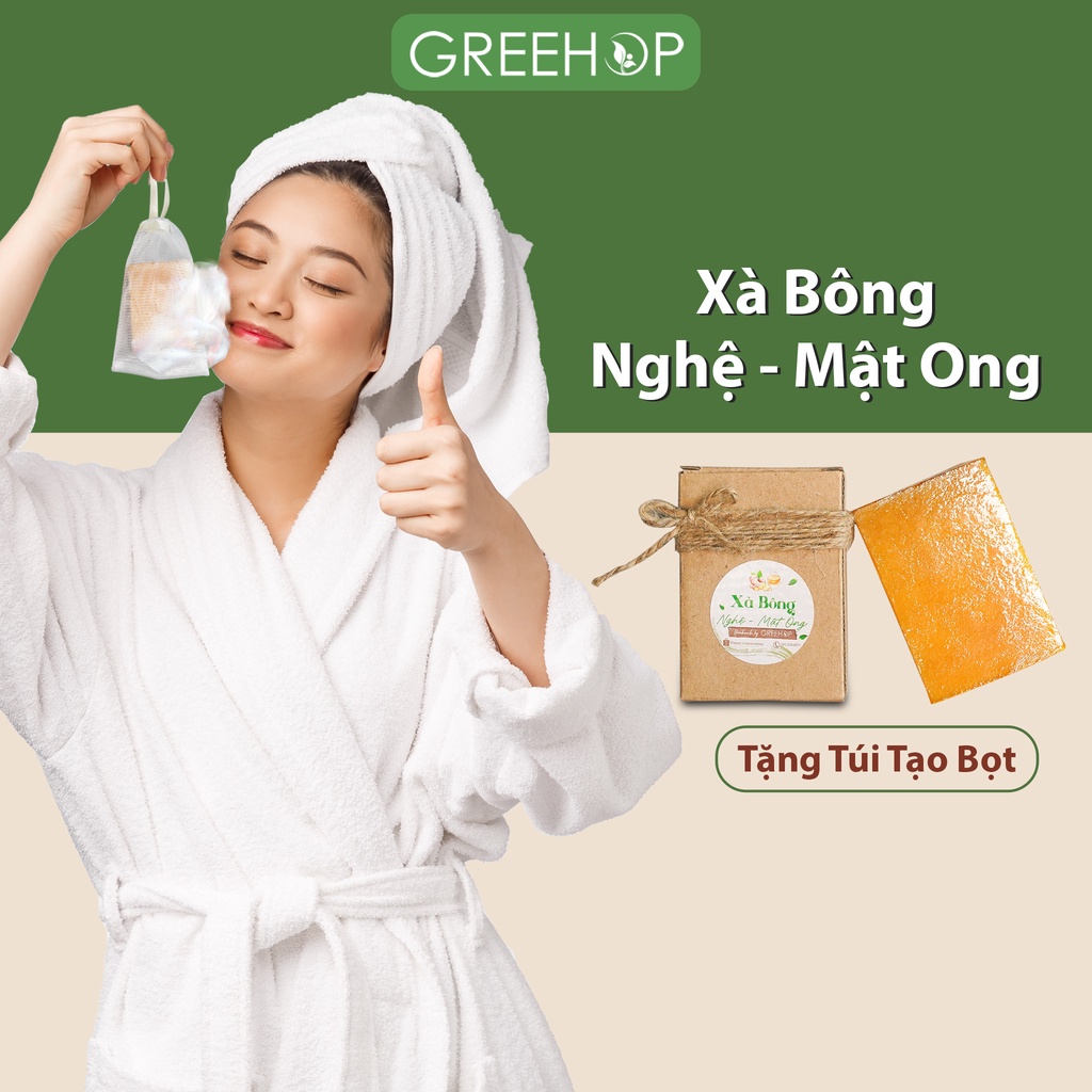 Xà Bông Nghệ - Mật Ong Tặng Túi Tạo Bọt (GreeHop) dưỡng ẩm, sáng da