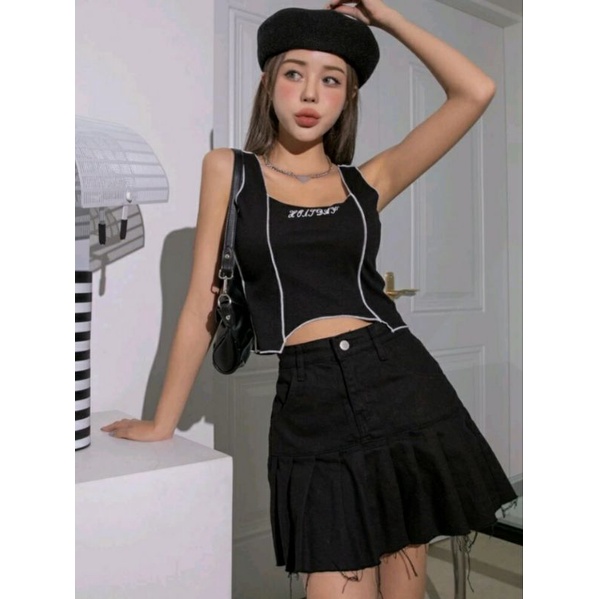 áo tank top - constrat binding letter embroidery tank top