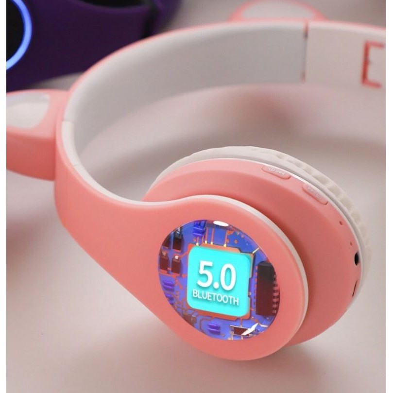 Tai Nghe Bluetooth 5.0 Không Dây Chống Ồn Hình Tai Mèo Có Đèn LED Và Mic Đầu Cắm 3.5mm