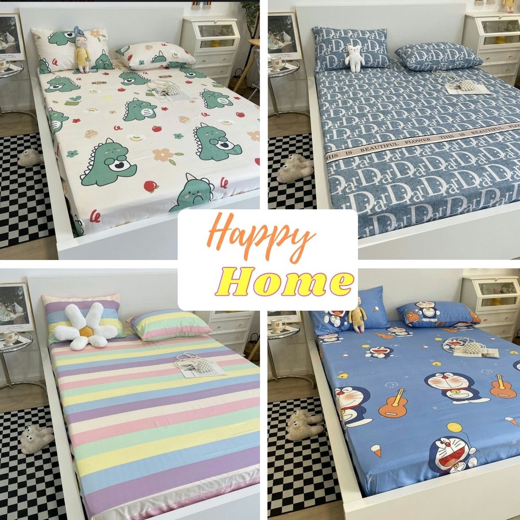 Bộ ga gối trải giường 2m2x2m bo chun miễn phí, bộ ga giường cotton poly mềm mịn, thấm hút mồ hôi Happy Home