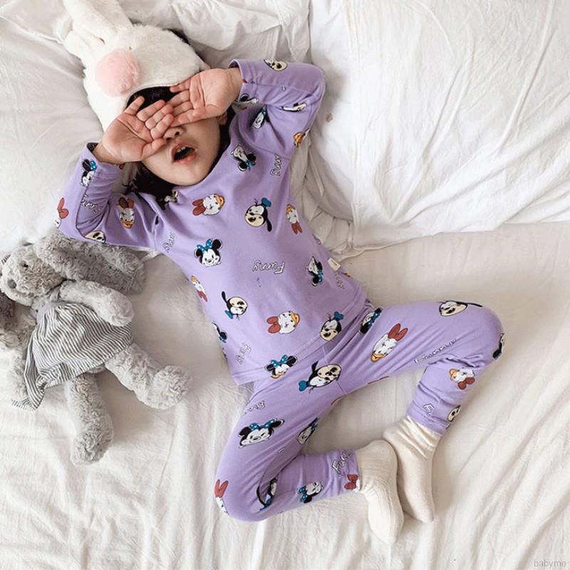 Bộ Pijama Cotton Dài Tay + Quần Dài In Họa Tiết Hoạt Hình Cho Bé