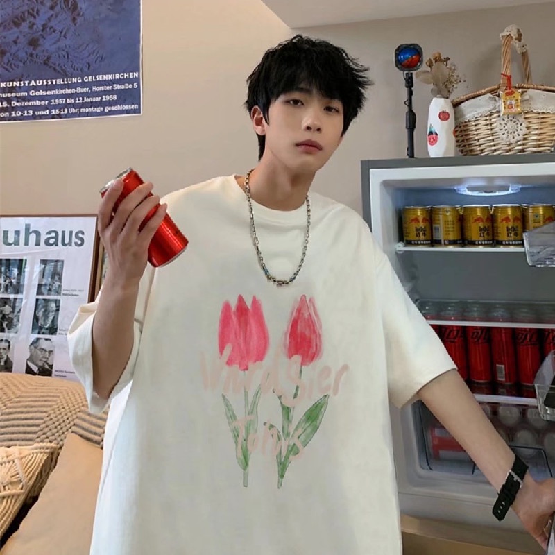 Áo Thun Nam Tay Ngắn Cổ Tròn Có In Hình Hoa Phong Cách Hip Hop Năng Động