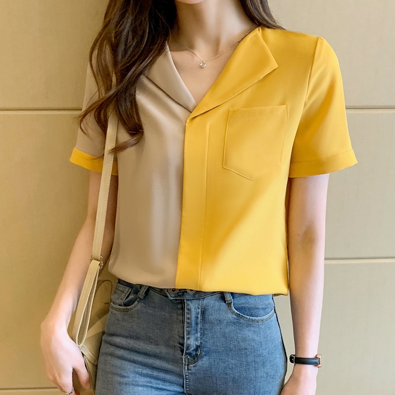 Áo Sơ Mi Voan Ngắn Tay Phối Màu Tương Phản Thời Trang Mùa Hè Cho Nữ