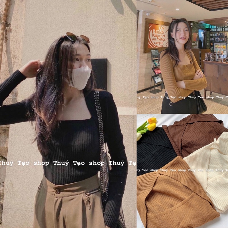 ÁO LEN TĂM TRƠN CỔ VUÔNG DÀI TAY - Áo len tăm nữ ullzang