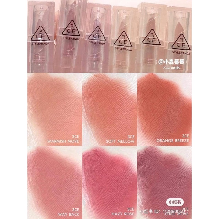 Son thỏi 3CE vỏ trong suốt 3CE Soft Matte Lipstick (Warm vs Cool) - Chill move, Hazy Rose