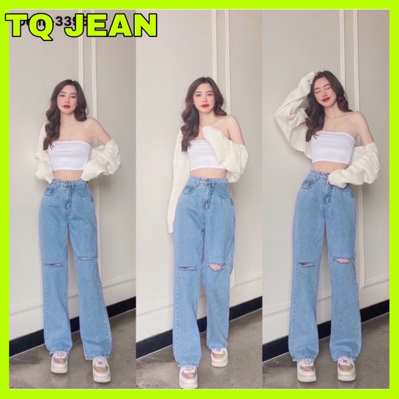(TQ JEAN ) Quần jean nữ ống rộng lưng cao màu xanh nhạt rách sọc ít