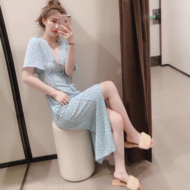 Đầm Vintage hoa nhỏ xanh