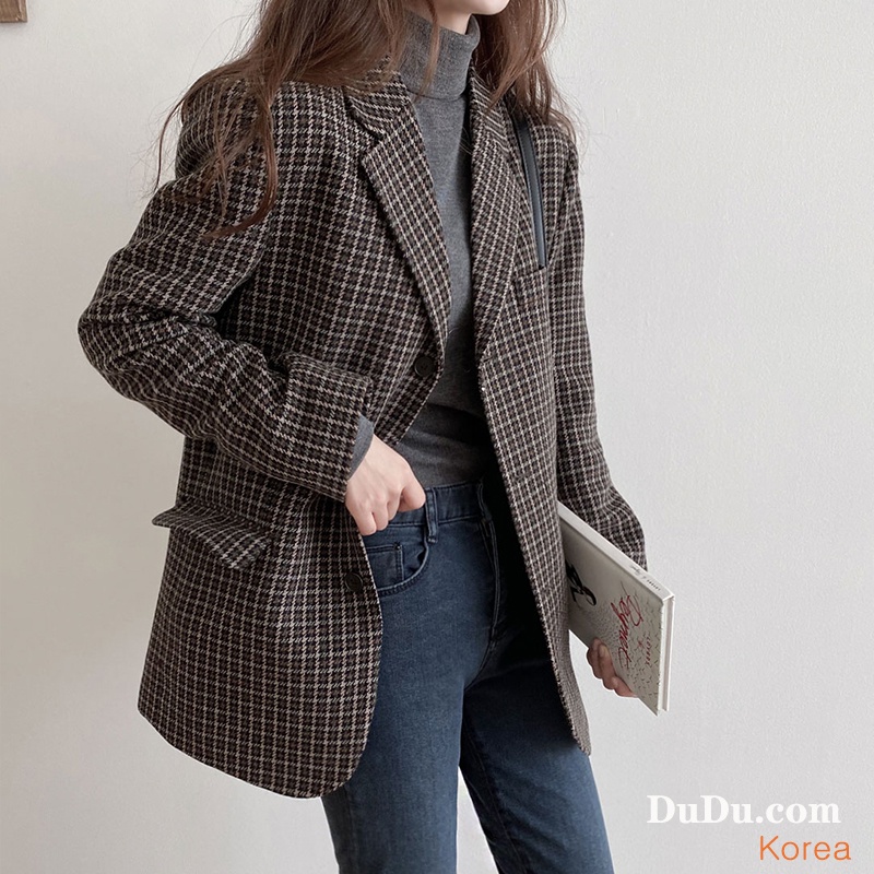 Ảnh thật 2 hình cuối-HC842.Áo khoác dạ houndstooth thu đông phong cách Hàn Quốc