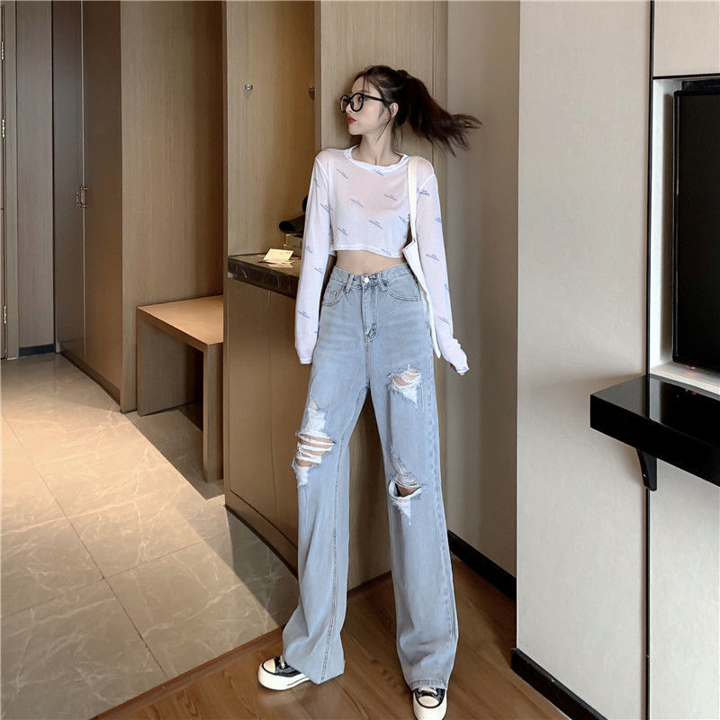 Quần dài jeans lưng cao ống rộng rách gối thời trang dành cho nữ