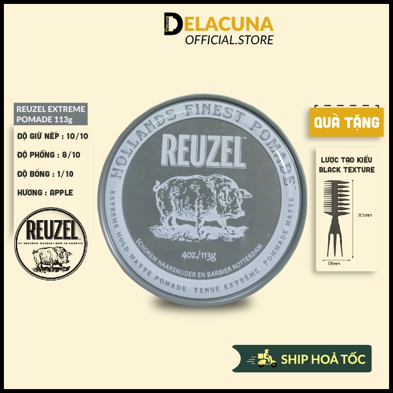 Sáp vuốt tóc nam Reuzel Extreme Hold Pomade chính hãng cao cấp Delacuna RX01