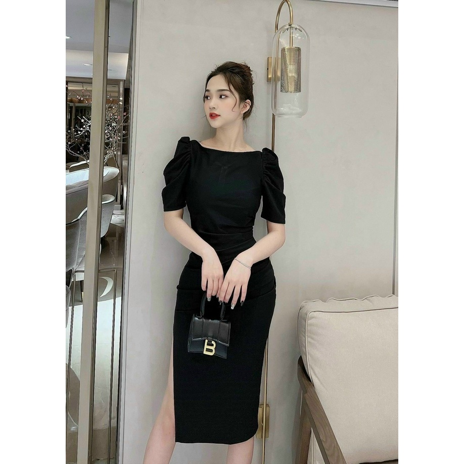 (Sale FREESHIP) Đầm body nữ đi tiệc,đầm thiết kế cổ tròn tay nhún xẻ tà cực xinh,chất umi có mút,hàng chuẩn shop lêndẹp