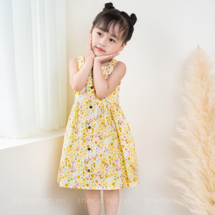Váy Bé Gái Carrot Hai Dây, Họa Tiết Gấu Teddy Hồng, Teddy Vàng, Chất Liệu Thô Cotton Thấm Hút Mồ Hôi