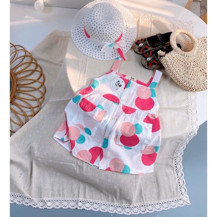 Set đầm váy hai dây tặng kèm nón cho bé gái
