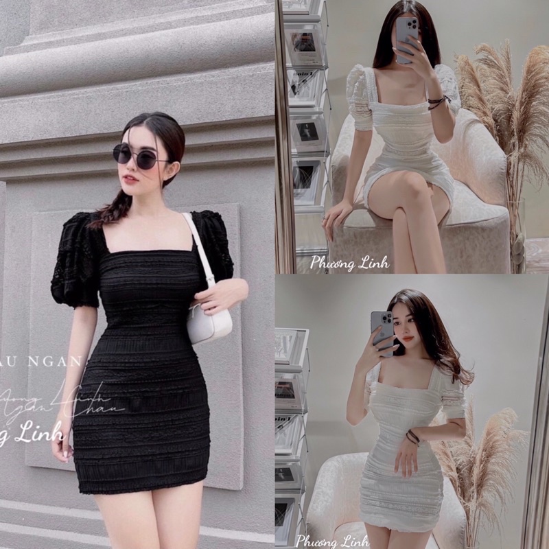 Váy ren cổ vuông tay bồng ôm body siêu hot Xưởng May Đường Hoa