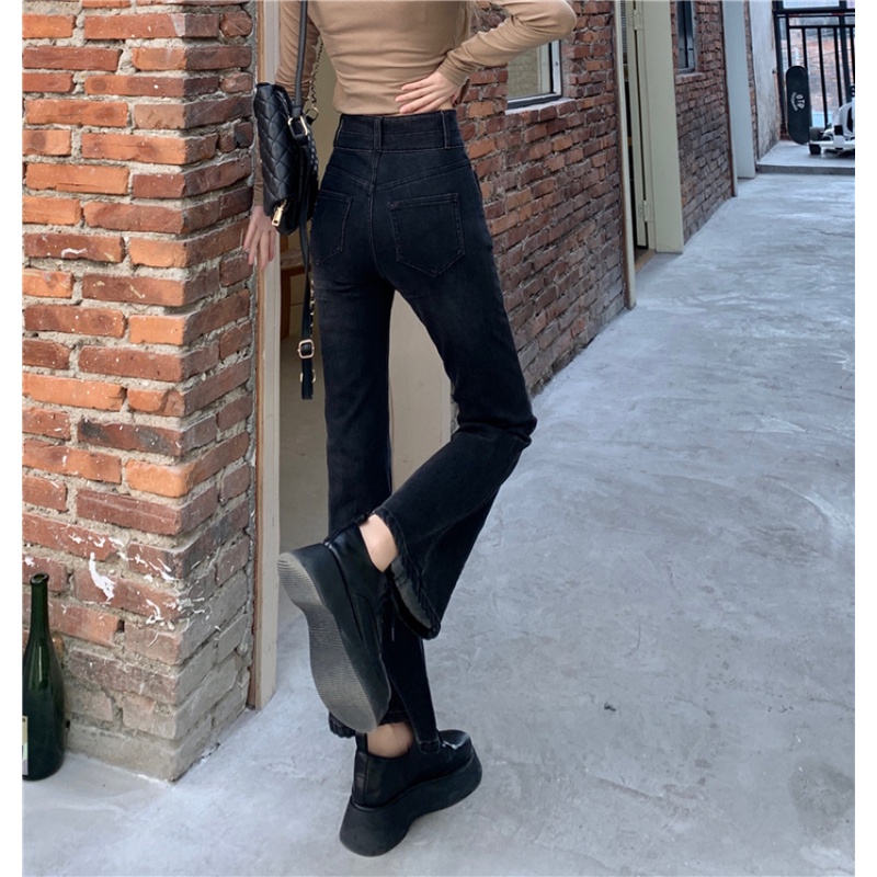 Quần Denim Ống Loe Lưng Cao Có Túi In Hình Trái Tim Thời Trang Mùa Thu Cho Nữ