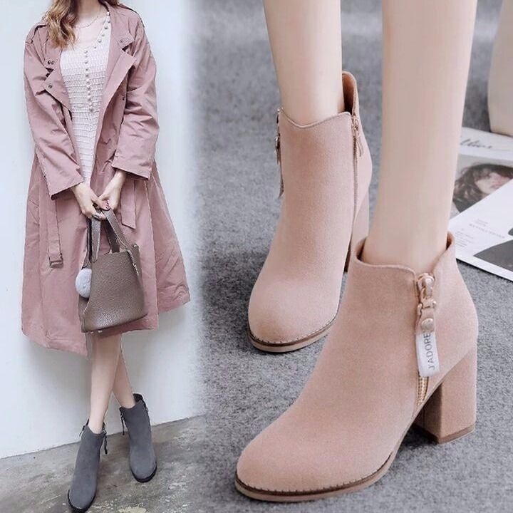 Giày Bốt Cao Gót Cổ Ngắn Màu Đen Vải Cotton Thời Trang Xuân Thu 2021 Cho Nữ