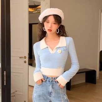 Áo dệt kim ZHELIHANGFEI tay dài cổ bẻ thêu họa tiết hoa thời trang cho nữ