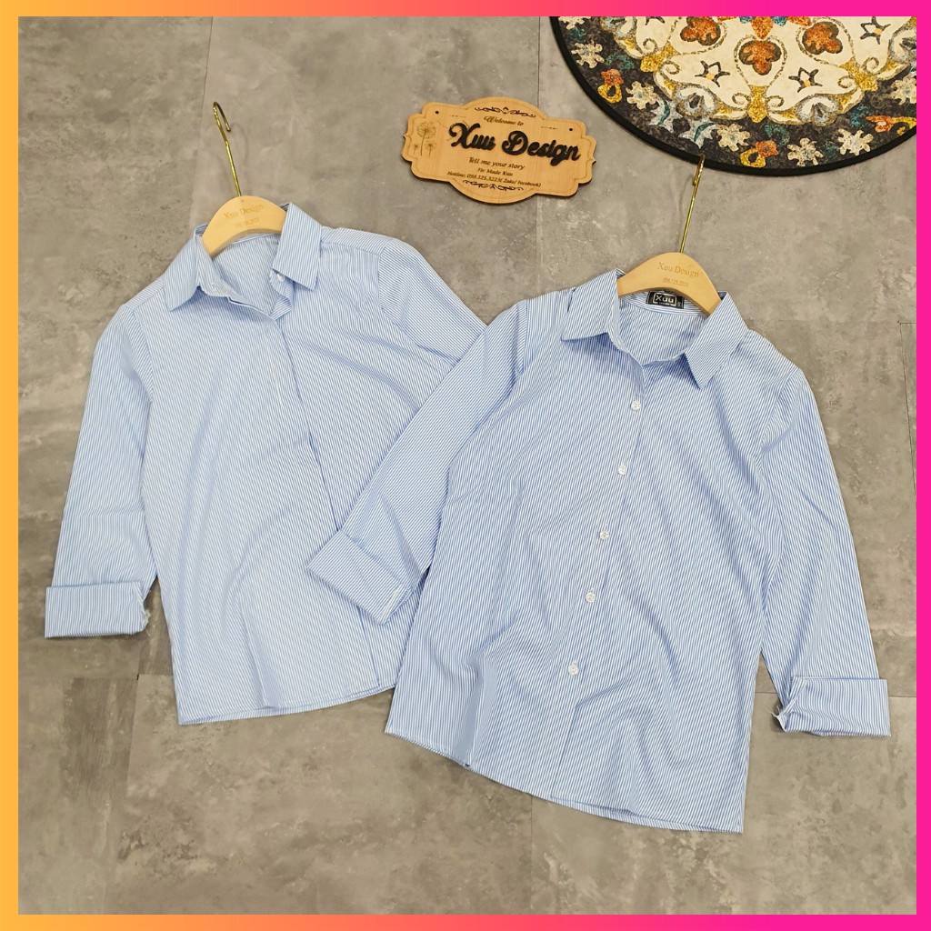 Áo sơ mi nữ công sở 💖Xuu Design💖Sơ mi kẻ xanh cổ đức cơ bản chất đẹp ...
