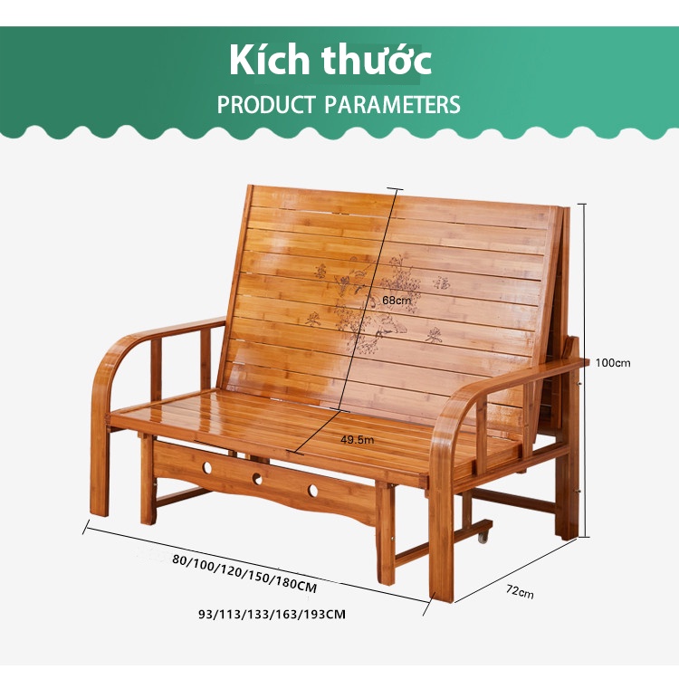 [Tặng Nệm Gối] - Giường tre gấp gọn thành ghế sofa tiết kiệm diện tích, Giường sofa tre ngủ thông minh gấp gọn 190x120cm