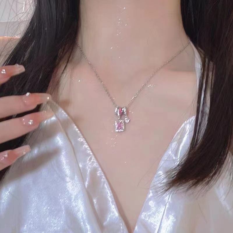 Ahellogirl Vòng cổ bạc hình vuông màu hồng thời trang dành cho nữ