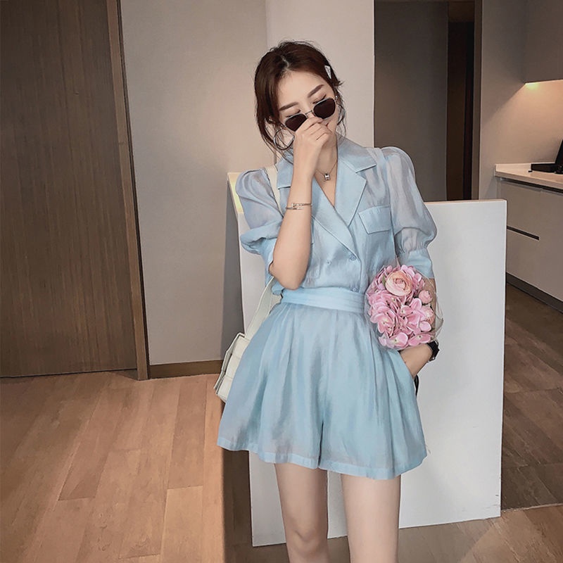 2022 summer new French Platycodon grandiflorum sweet fashion fried street chiffon suit shorts leisure two-piece suit for women