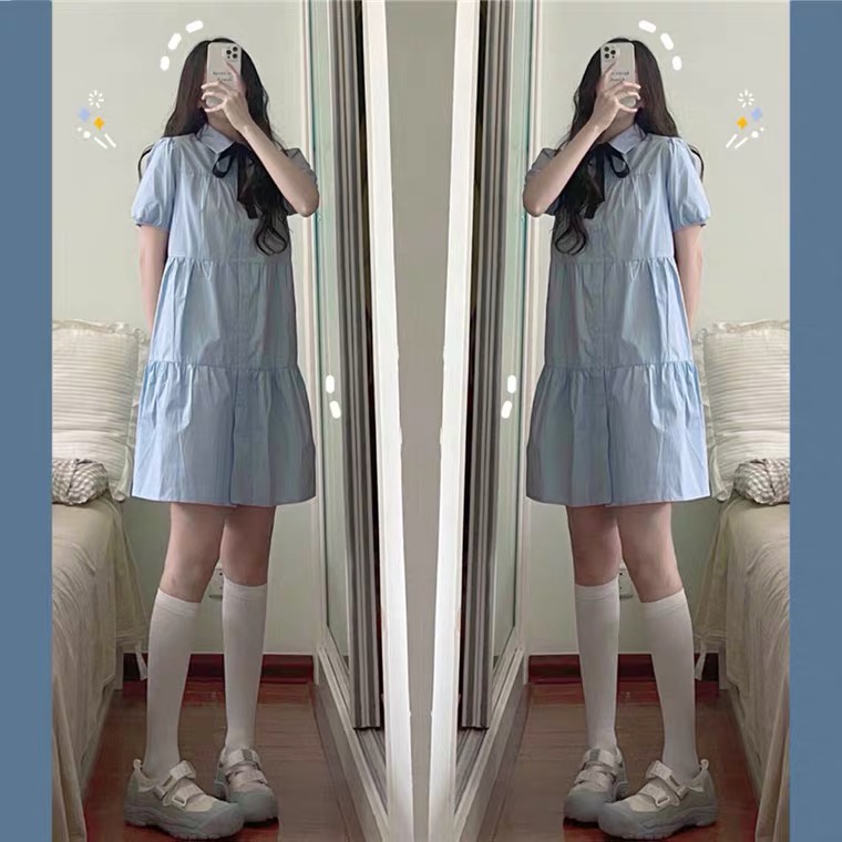 Đầm Xếp Li Gắn Nơ Xanh Xinh Xắn Dễ Thương