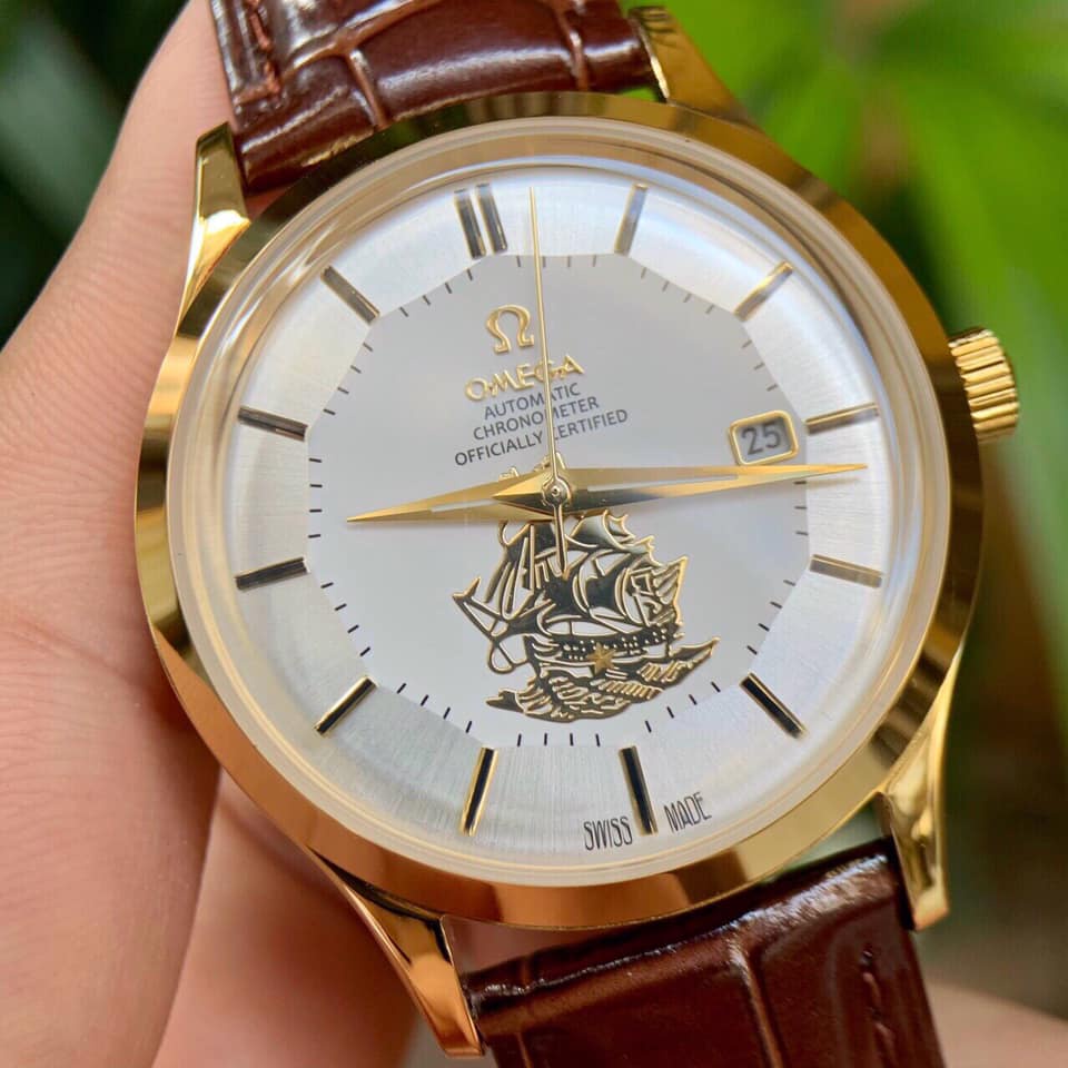 Đồng hồ Nam Omg Constellation bát quái máy nhật Myota vỏ vàng ta mặt trắng dòng cơ Automatic size 40mm dây da
