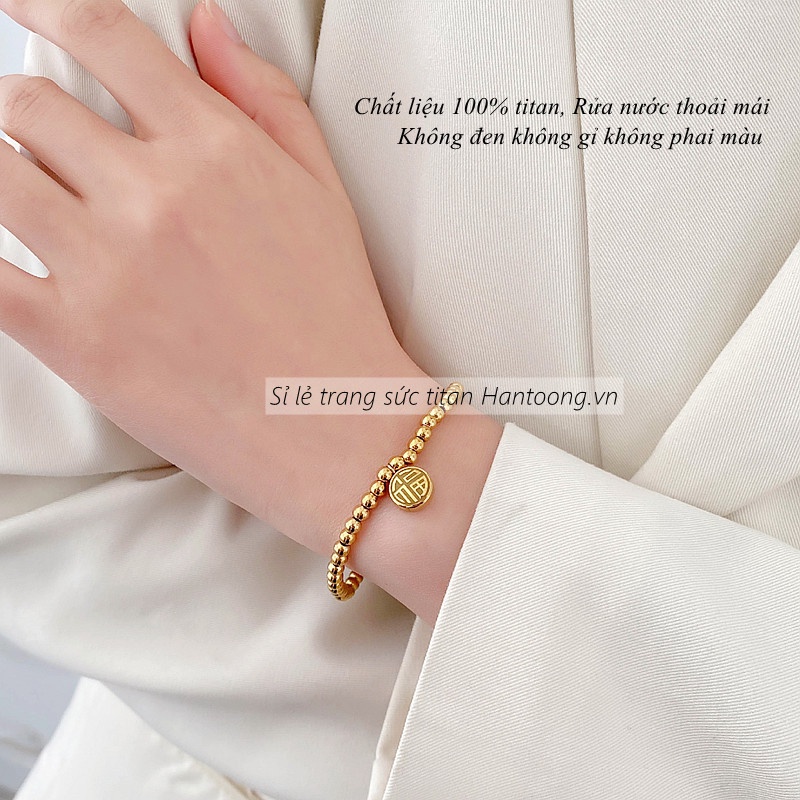 Vòng tay titan nữ không gỉ mạ vàng 18k mặt chữ phúc hỉ may mắn phong cách thời trang cổ điển